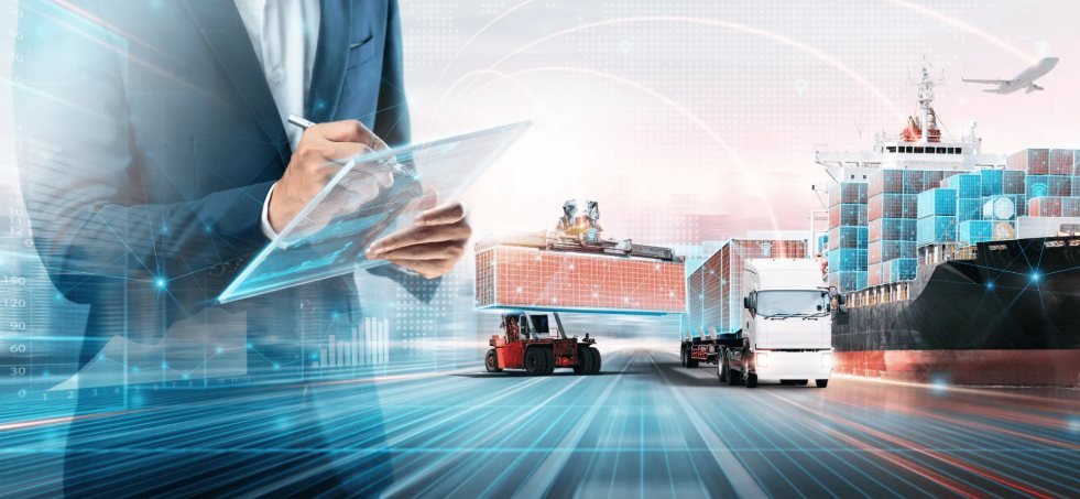 A professional reviewing import documents on a digital tablet, with a cargo ship, containers and trucks at a port